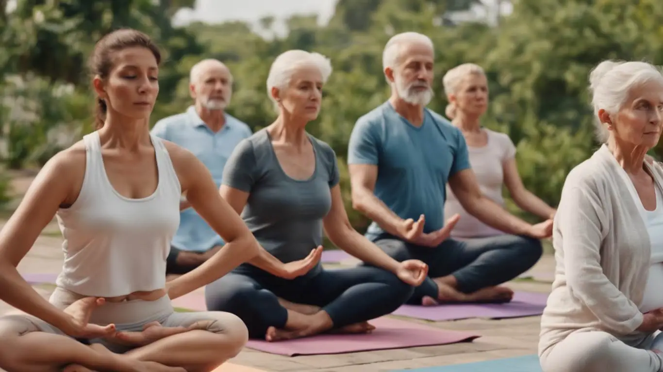 Group of old people performing yoga.